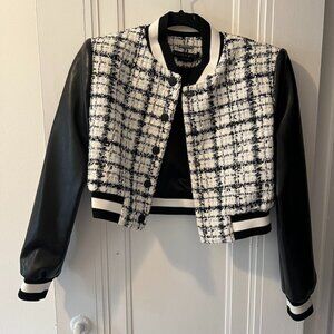 Alice + Olivia tweed and faux leather cropped bomber jacket